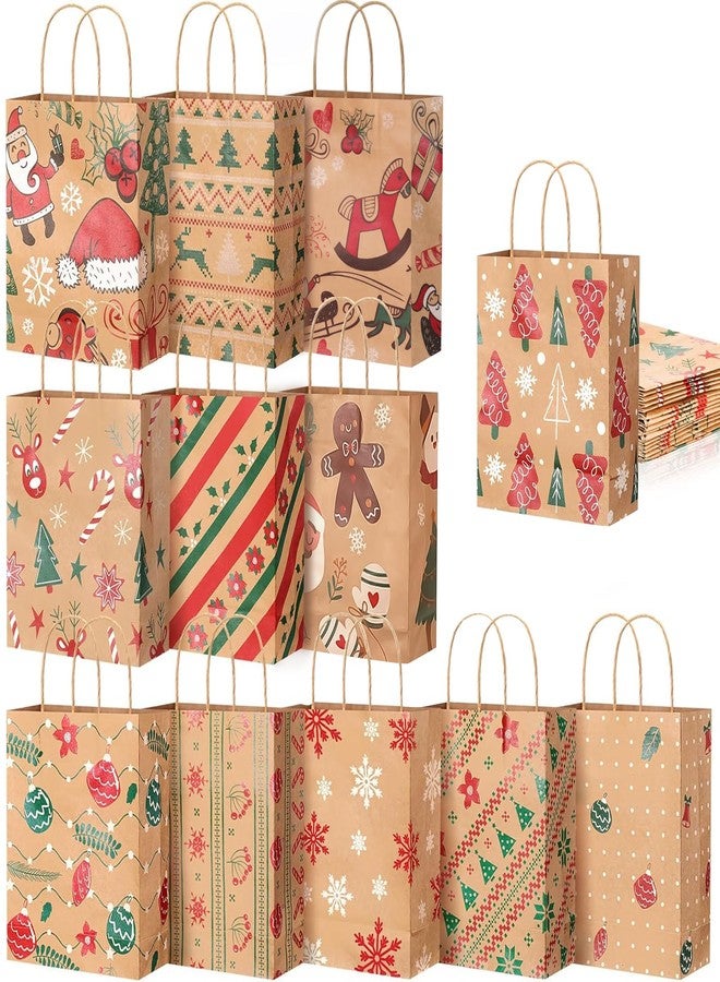 Jenleestar Christmas Gift Bags, 12pcs Reusable Sturdy Holiday Gift Wrapping Bags with Handles, Brown Kraft Paper, 7.3"×3.3"×9.1", Assorted Patterns for Xmas Presents, Classrooms and Party Favors - Image 1